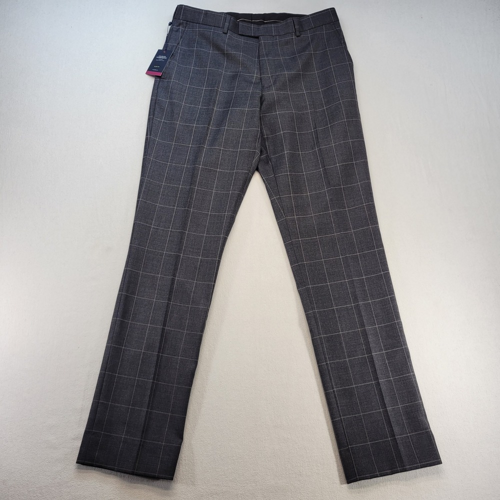Charles Tyrwhitt Suit Trousers Mens 32x32 Charcoal Gray Windowpane Slim Fit Wool